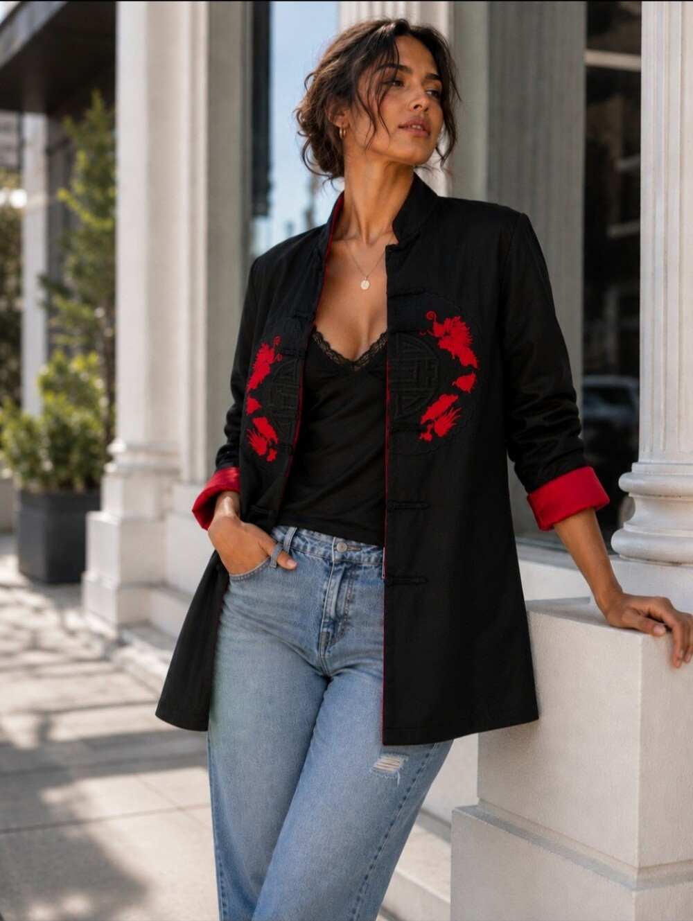 Silver Dragon Unisex Black Traditional Dragon Embroidered Jacket with Red Trim